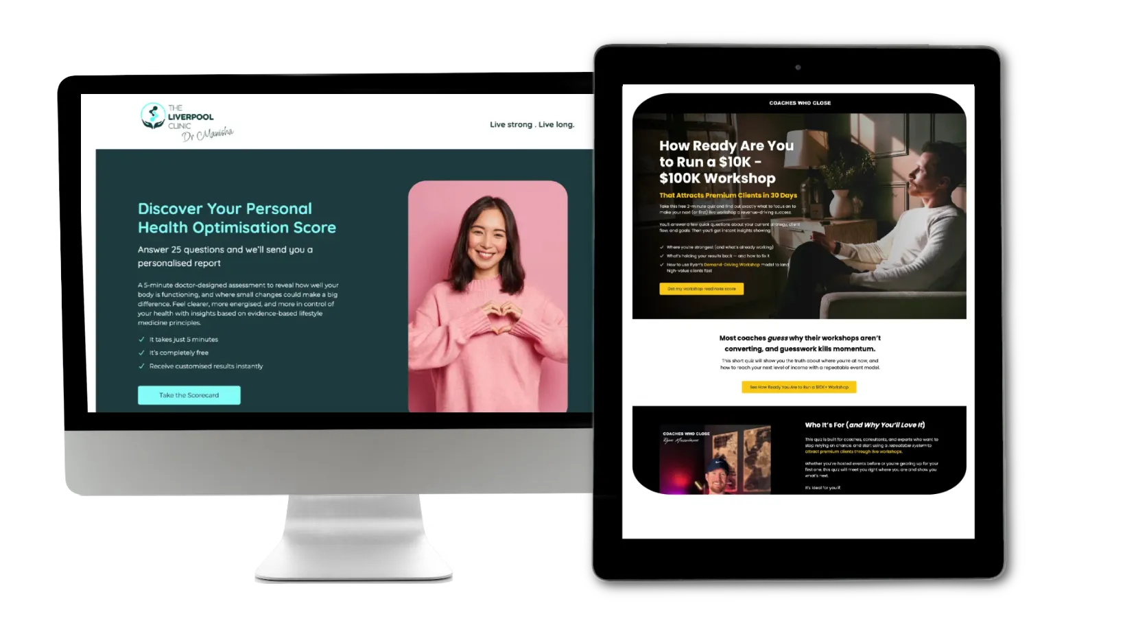 Liverpool Clinic and Coaches Who Close scorecards displayed on iMac and iPad